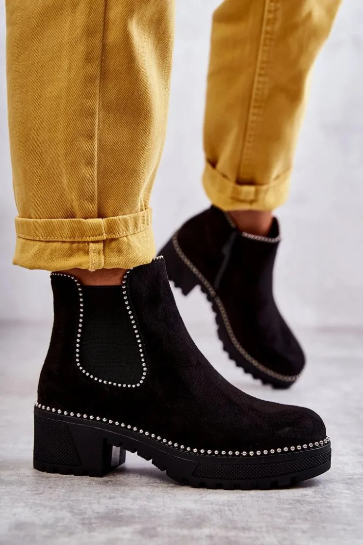 Boto Czarne Botki|Botki Zimowe Damskie*Damskie Botki Na Suwak Z Ćwiekami Czarne Afaries