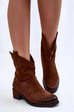 Boto Botki Wiosenne|Botki Zimowe Damskie*Damskie Botki Na Suwak Z Ćwiekami Brązowe Lance