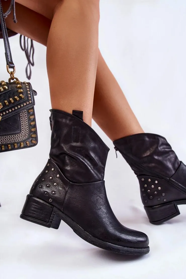 Damskie Boto Damskie Botki Na Suwak Z Ćwiekami Czarne Lance