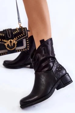 Damskie Boto Damskie Botki Na Suwak Z Ćwiekami Czarne Lance