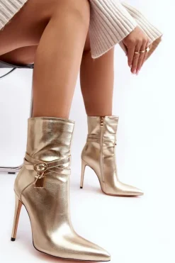 Boto Botki Na Obcasie*Damskie Botki Na Szpilce Z Paskami Złote Casulle