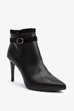 Buty Sergio Leone Czarne Botki|Botki Zimowe Damskie*Damskie Botki Na Szpilce Z Klamrą Ocieplane Czarne Aesha