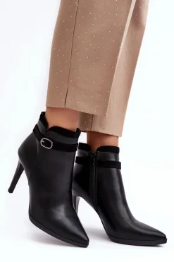 Buty Sergio Leone Czarne Botki|Botki Zimowe Damskie*Damskie Botki Na Szpilce Z Klamrą Ocieplane Czarne Aesha