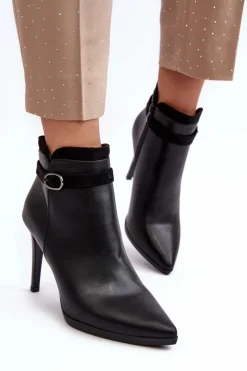 Buty Sergio Leone Czarne Botki|Botki Zimowe Damskie*Damskie Botki Na Szpilce Z Klamrą Ocieplane Czarne Aesha