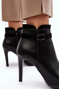 Buty Sergio Leone Czarne Botki|Botki Zimowe Damskie*Damskie Botki Na Szpilce Z Klamrą Ocieplane Czarne Aesha