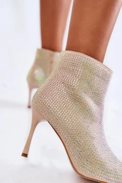 Damskie Boto Damskie Botki Na Szpilce Z Dżetami Beżowe Irma