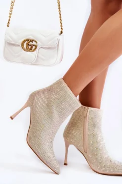 Damskie Boto Damskie Botki Na Szpilce Z Dżetami Beżowe Irma