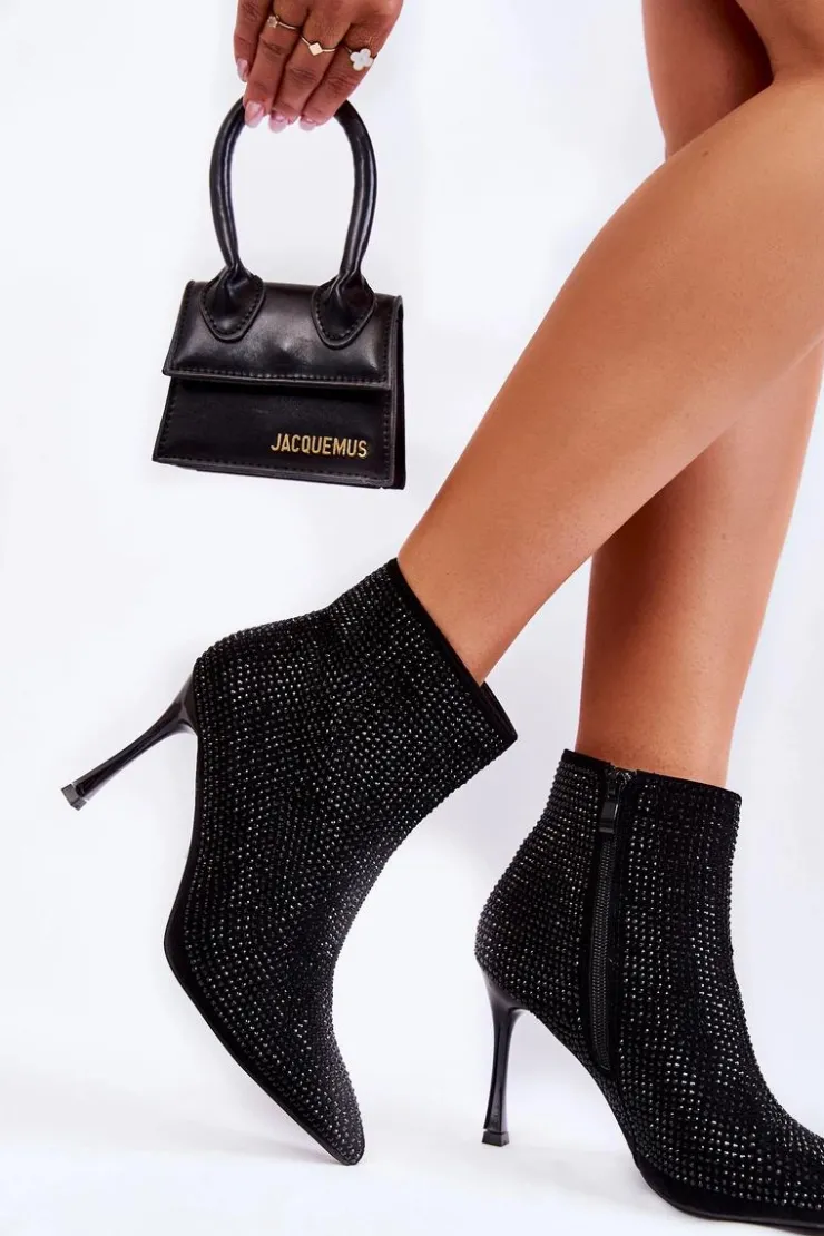Damskie Boto Damskie Botki Na Szpilce Z Dżetami Czarne Irma