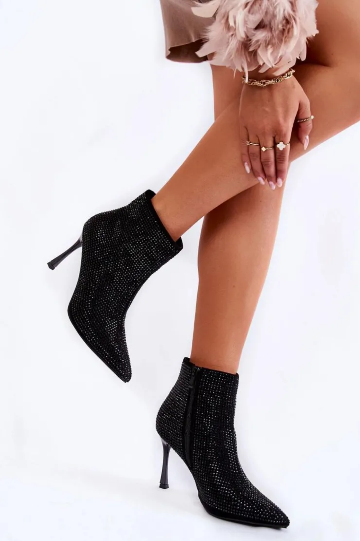 Damskie Boto Damskie Botki Na Szpilce Z Dżetami Czarne Irma