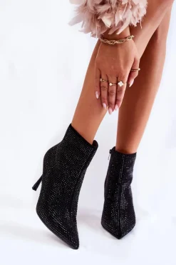 Damskie Boto Damskie Botki Na Szpilce Z Dżetami Czarne Irma