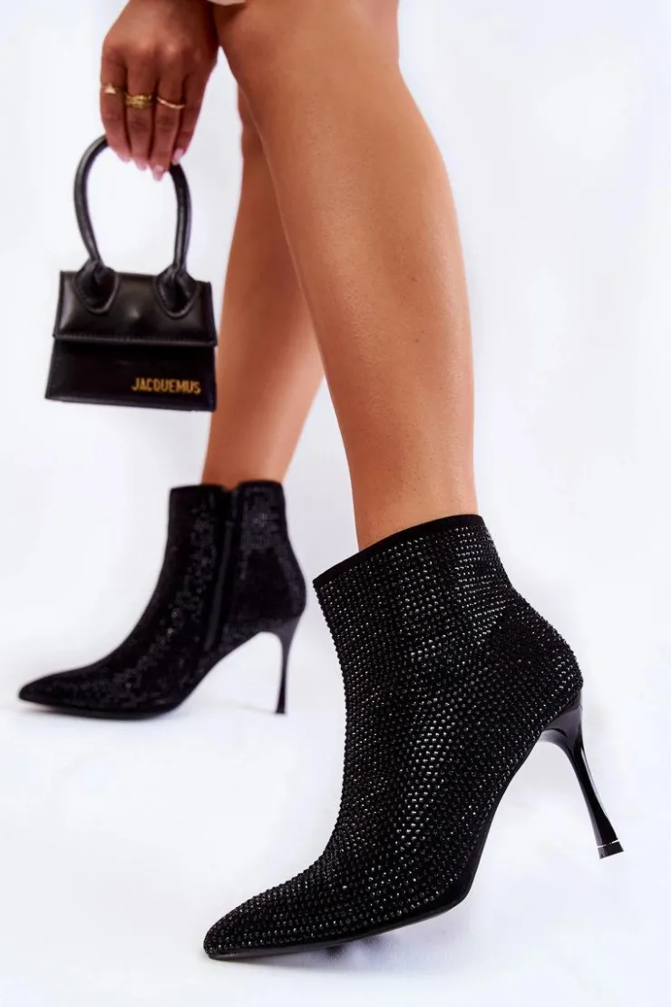 Damskie Boto Damskie Botki Na Szpilce Z Dżetami Czarne Irma