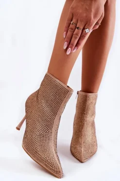 Clearance Boto Damskie Botki Na Szpilce Z Dżetami Ciemnobeżowe Irma