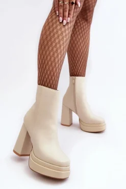 Boto Botki Zimowe Damskie|Brązowe I Beżowe Botki*Damskie Botki Na Wysokim Słupku I Platformie Jasnobeżowe Sandstra