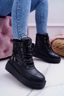 Damskie Boto Damskie Botki Śniegowce Ocieplane Futerkiem Czarne Fahrenheit