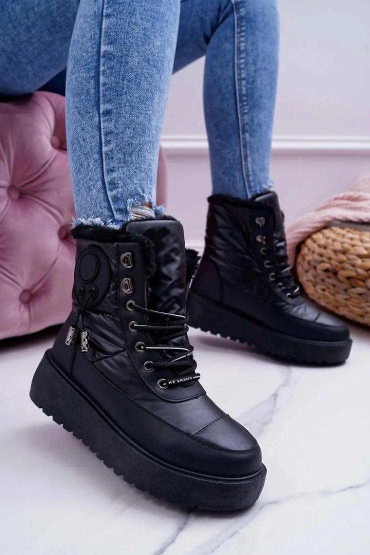 Damskie Boto Damskie Botki Śniegowce Ocieplane Futerkiem Czarne Fahrenheit
