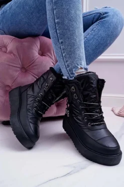 Damskie Boto Damskie Botki Śniegowce Ocieplane Futerkiem Czarne Fahrenheit