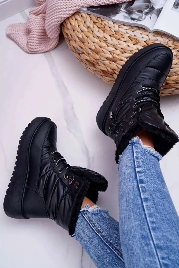 Damskie Boto Damskie Botki Śniegowce Ocieplane Futerkiem Czarne Fahrenheit