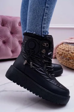 Damskie Boto Damskie Botki Śniegowce Ocieplane Futerkiem Czarne Fahrenheit