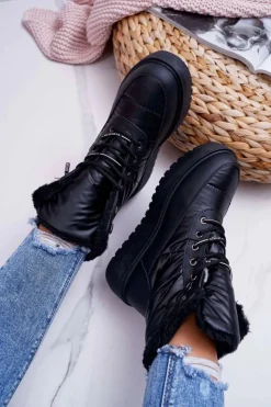 Damskie Boto Damskie Botki Śniegowce Ocieplane Futerkiem Czarne Fahrenheit