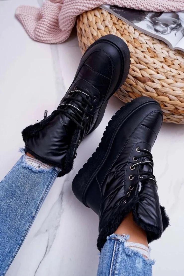 Damskie Boto Damskie Botki Śniegowce Ocieplane Futerkiem Czarne Fahrenheit