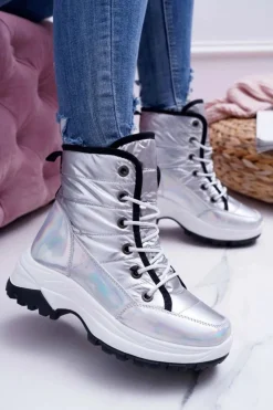 Boto Śniegowce Damskie*Damskie Botki Śniegowce Ocieplane Futerkiem Srebrne Muffin