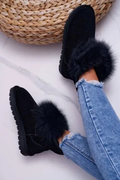 Damskie Boto Damskie Botki Śniegowce Ocieplane Futerkiem Skóra Zamsz Czarne Memento