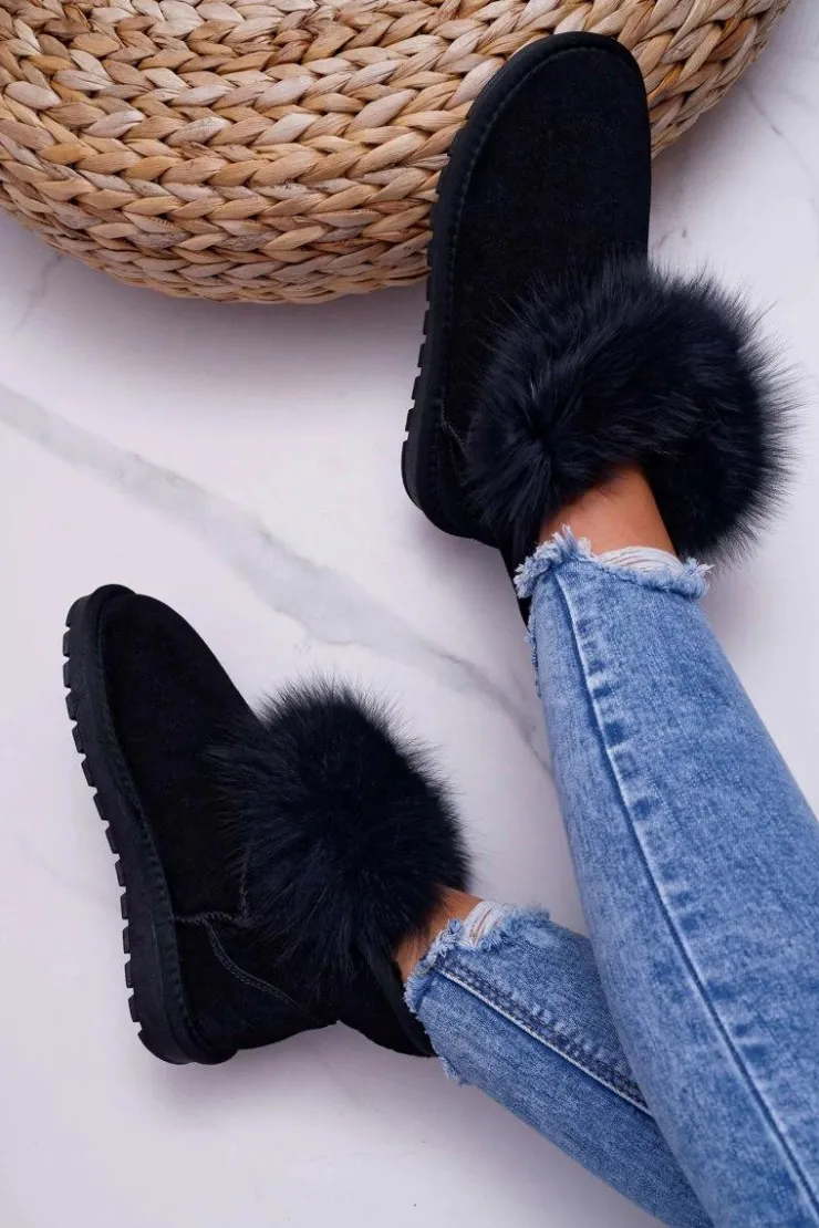 Damskie Boto Damskie Botki Śniegowce Ocieplane Futerkiem Skóra Zamsz Czarne Memento