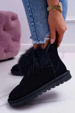Damskie Boto Damskie Botki Śniegowce Ocieplane Futerkiem Skóra Zamsz Czarne Memento