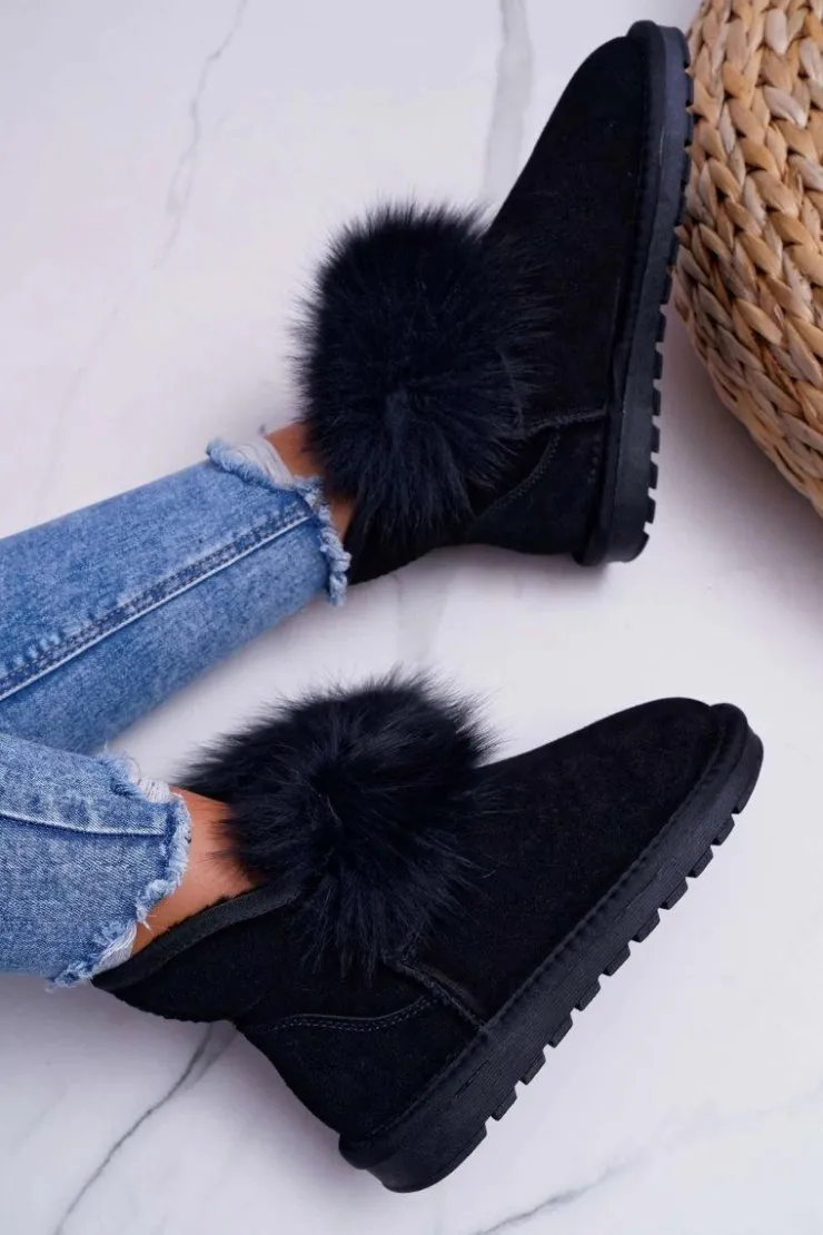 Damskie Boto Damskie Botki Śniegowce Ocieplane Futerkiem Skóra Zamsz Czarne Memento