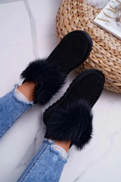 Damskie Boto Damskie Botki Śniegowce Ocieplane Futerkiem Skóra Zamsz Czarne Memento