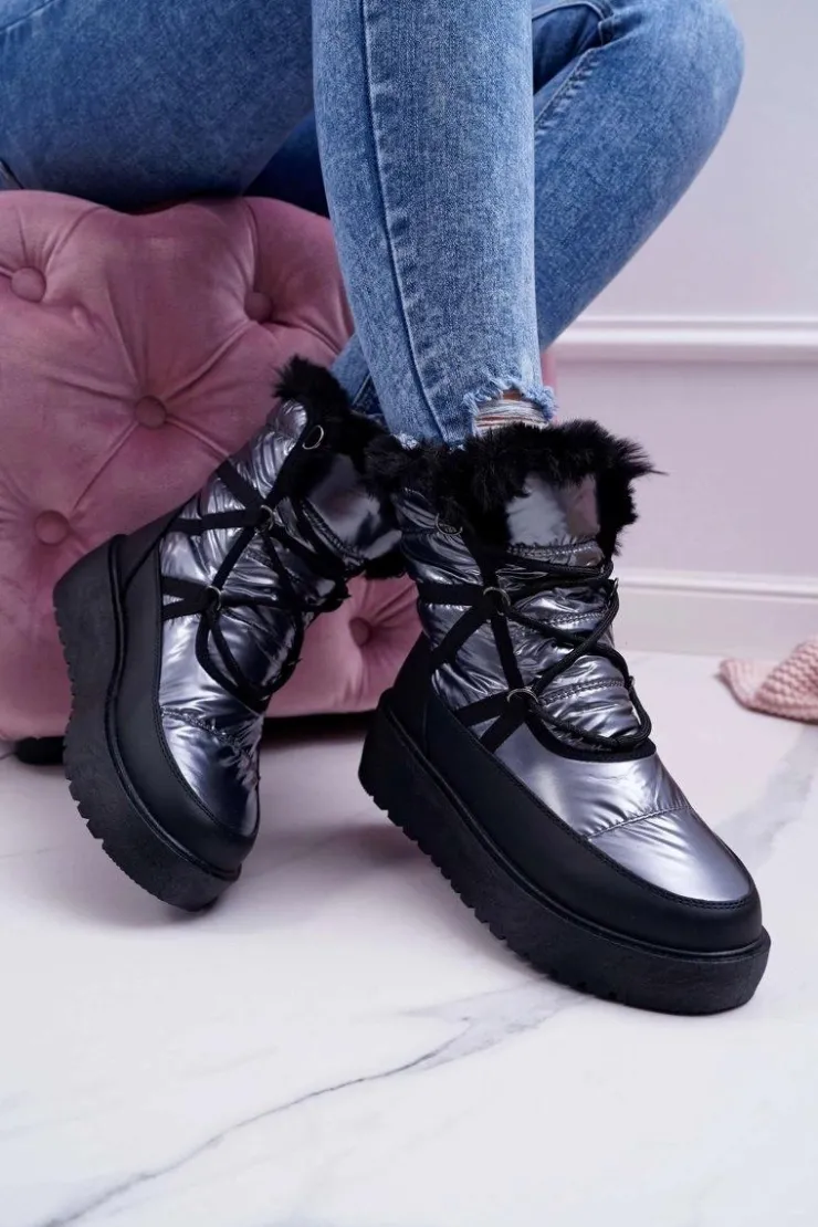 Damskie Boto Damskie Botki Śniegowce Ocieplane Futerkiem Srebrne Calma