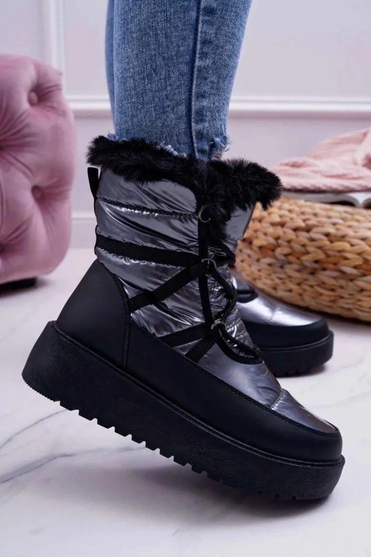 Damskie Boto Damskie Botki Śniegowce Ocieplane Futerkiem Srebrne Calma