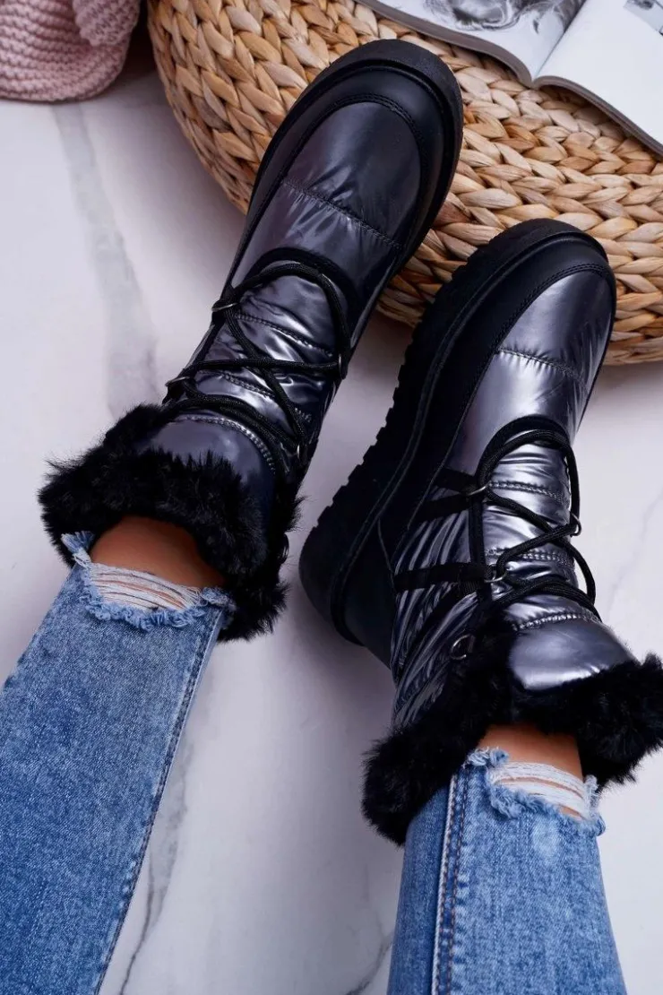 Damskie Boto Damskie Botki Śniegowce Ocieplane Futerkiem Srebrne Calma