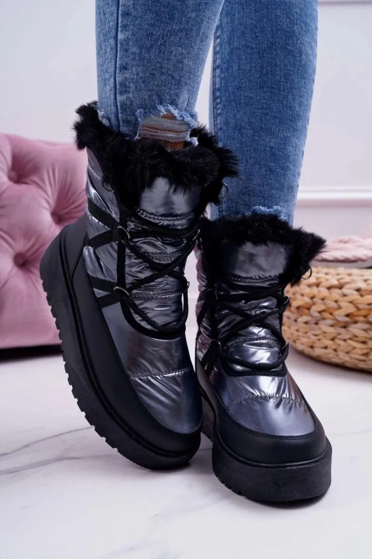 Damskie Boto Damskie Botki Śniegowce Ocieplane Futerkiem Srebrne Calma