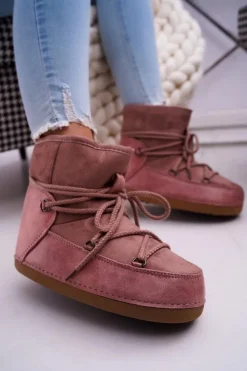 Damskie Boto Damskie Botki Śniegowce Ocieplane Futerkiem Różowe Veme