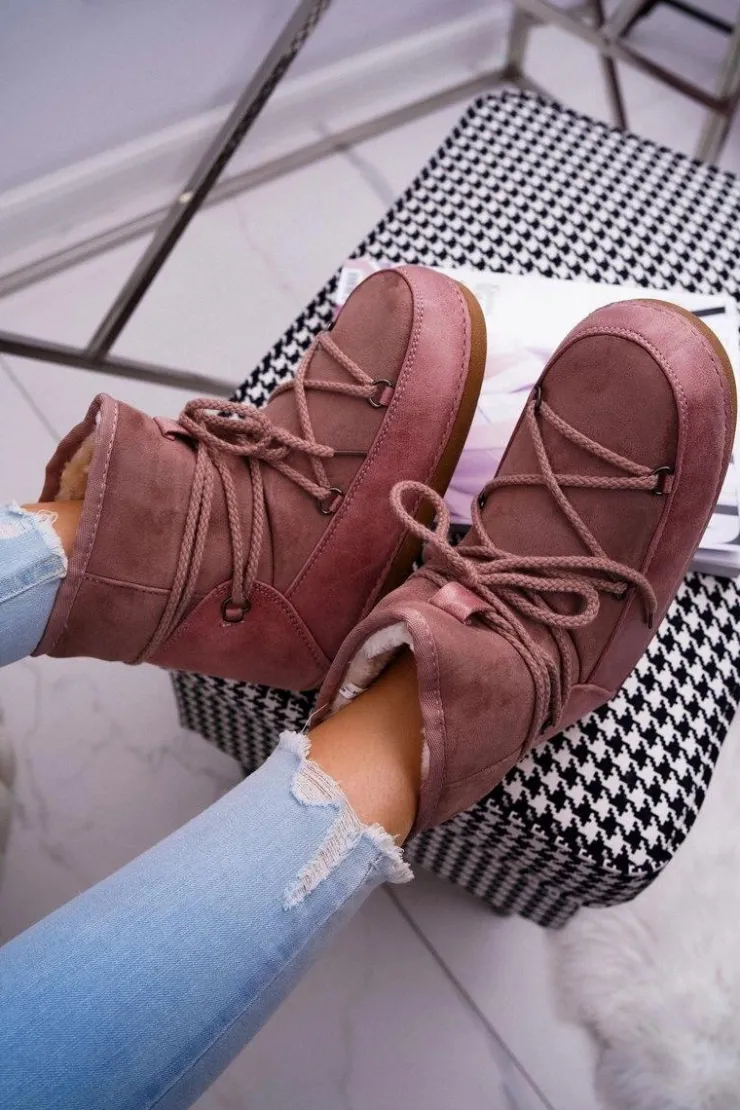 Damskie Boto Damskie Botki Śniegowce Ocieplane Futerkiem Różowe Veme