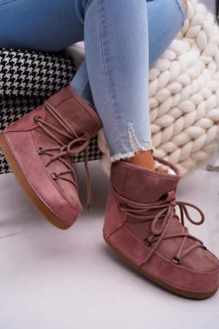 Damskie Boto Damskie Botki Śniegowce Ocieplane Futerkiem Różowe Veme