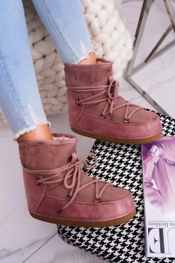 Damskie Boto Damskie Botki Śniegowce Ocieplane Futerkiem Różowe Veme