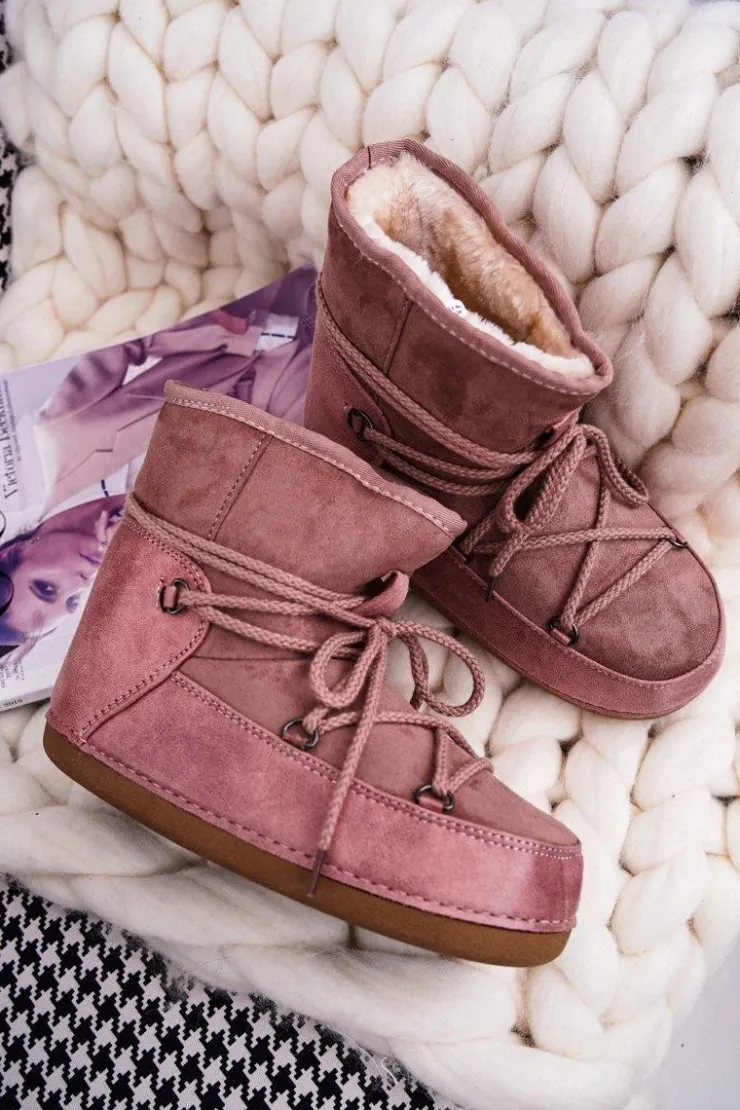 Damskie Boto Damskie Botki Śniegowce Ocieplane Futerkiem Różowe Veme