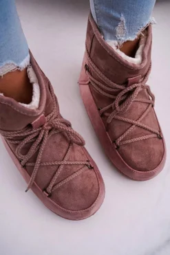 Damskie Boto Damskie Botki Śniegowce Ocieplane Futerkiem Różowe Veme