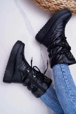 Best Boto Damskie Botki Śniegowce Ocieplane Futerkiem Czarne Honor