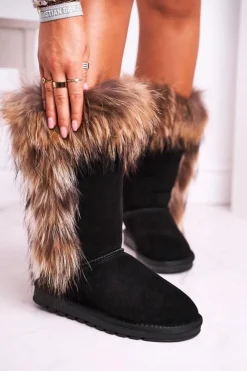 Damskie Boto Damskie Botki Śniegowce Ocieplane Futerkiem Skóra Zamsz Czarne Balvin