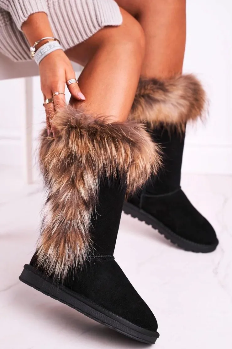 Damskie Boto Damskie Botki Śniegowce Ocieplane Futerkiem Skóra Zamsz Czarne Balvin