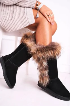 Damskie Boto Damskie Botki Śniegowce Ocieplane Futerkiem Skóra Zamsz Czarne Balvin