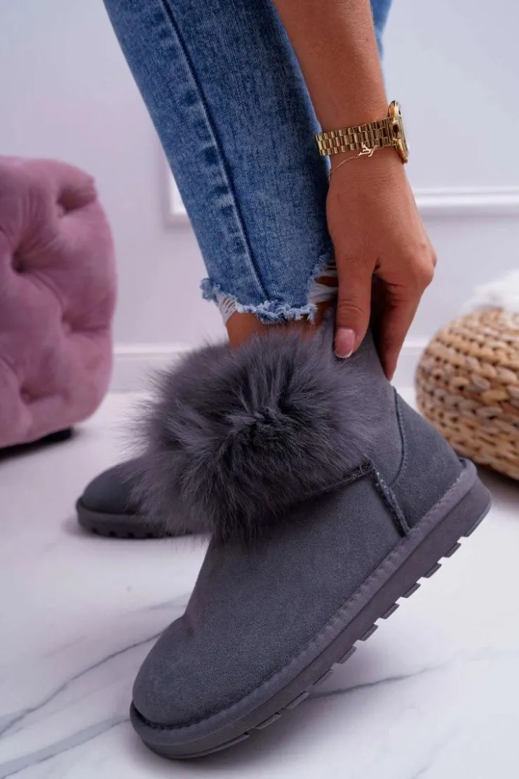 Boto Śniegowce Damskie*Damskie Botki Śniegowce Ocieplane Futerkiem Skóra Zamsz Szare Memento
