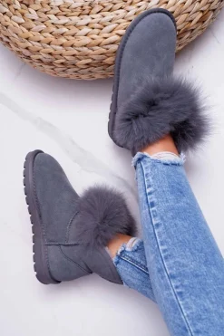 Boto Śniegowce Damskie*Damskie Botki Śniegowce Ocieplane Futerkiem Skóra Zamsz Szare Memento