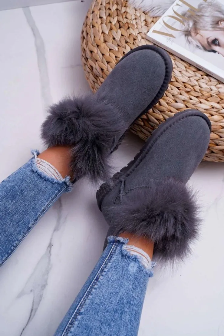 Boto Śniegowce Damskie*Damskie Botki Śniegowce Ocieplane Futerkiem Skóra Zamsz Szare Memento