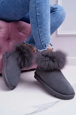 Boto Śniegowce Damskie*Damskie Botki Śniegowce Ocieplane Futerkiem Skóra Zamsz Szare Memento