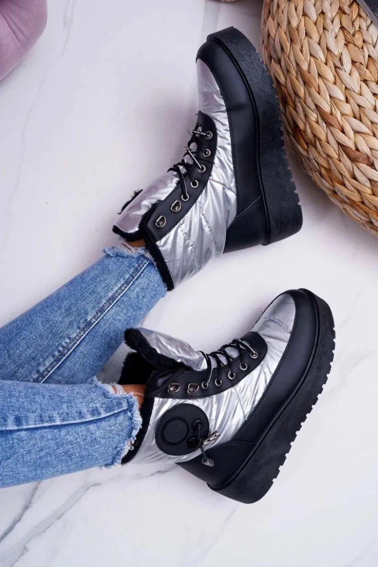 Outlet Boto Damskie Botki Śniegowce Ocieplane Futerkiem Srebrne Fahrenheit