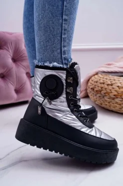 Outlet Boto Damskie Botki Śniegowce Ocieplane Futerkiem Srebrne Fahrenheit